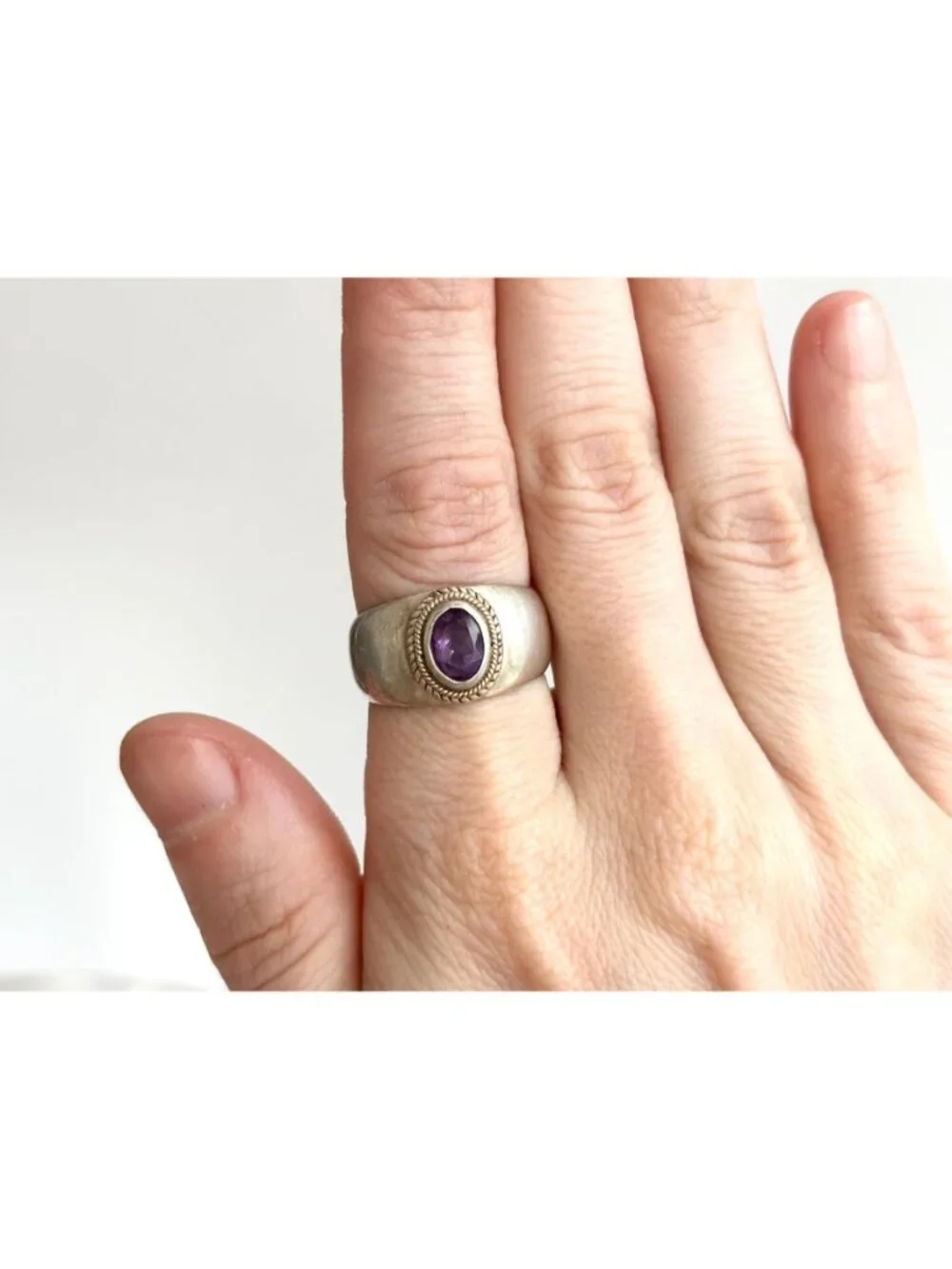 Solitaire Amethyst Gemstone Rope Framed Sterling Silver 925 Vintage Ring sz 7.5